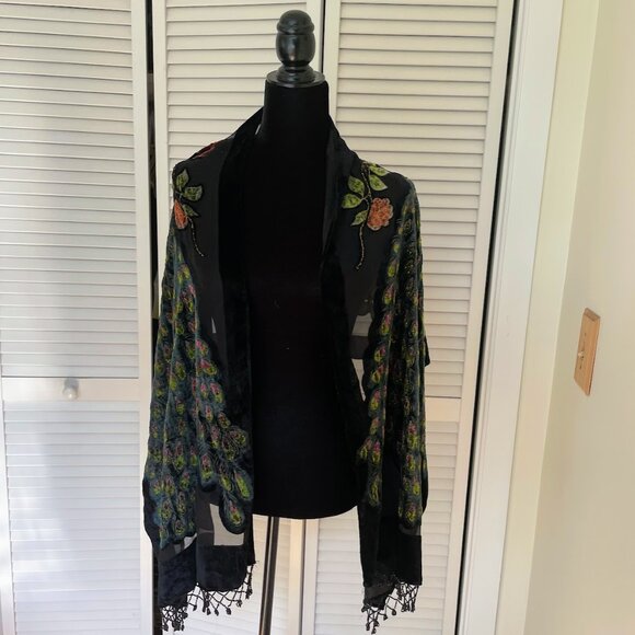 Peacock Bird Burnout Velvet Scarf with beads - Picture 3 of 4